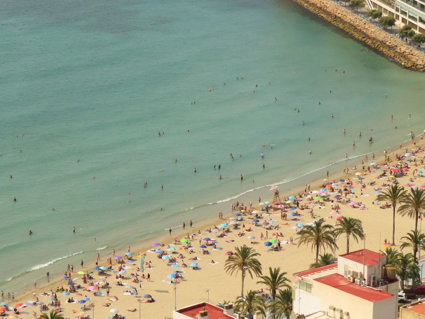 Aerial view of a sunny beach with colourful parasols and palm trees on the Costa Blanca